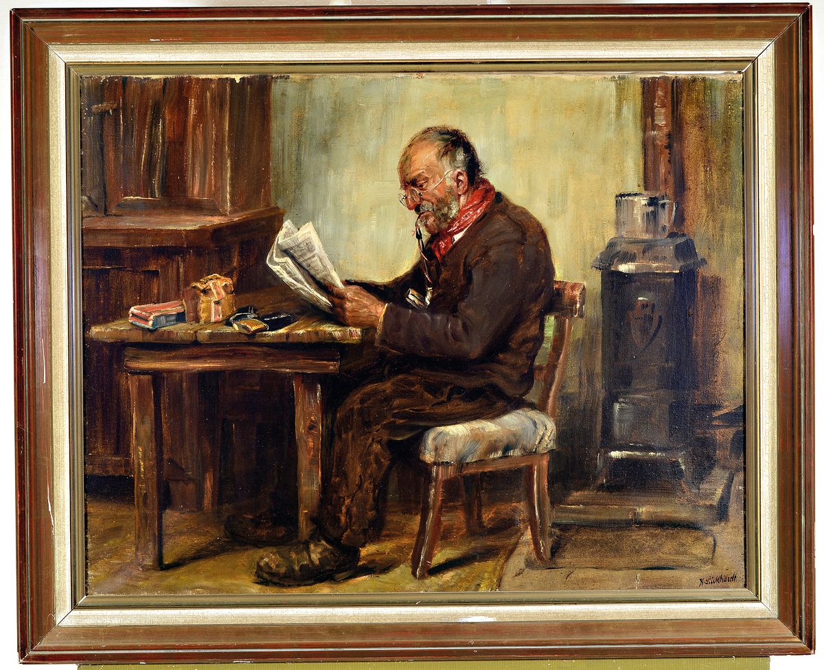 Detail l: Karl Luckhardt, 1886-1970 Frankfurt am Main, 2 Arbeiten: Interieur mit Zeitung lesendem Mann am Tisch, Öl/Lwd, rechts unten signiert, ca. 60x75cm, ...