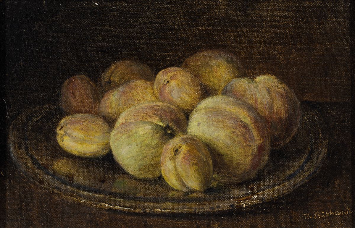 Detail c: Karl Luckhardt, 1886-1970 Frankfurt am Main, 2 Stillleben, 1x Pfirsiche auf Teller, Öl/ Malkarton, sign., ca. 20x30cm, R. ca. 31x41cm, Rosen in ...