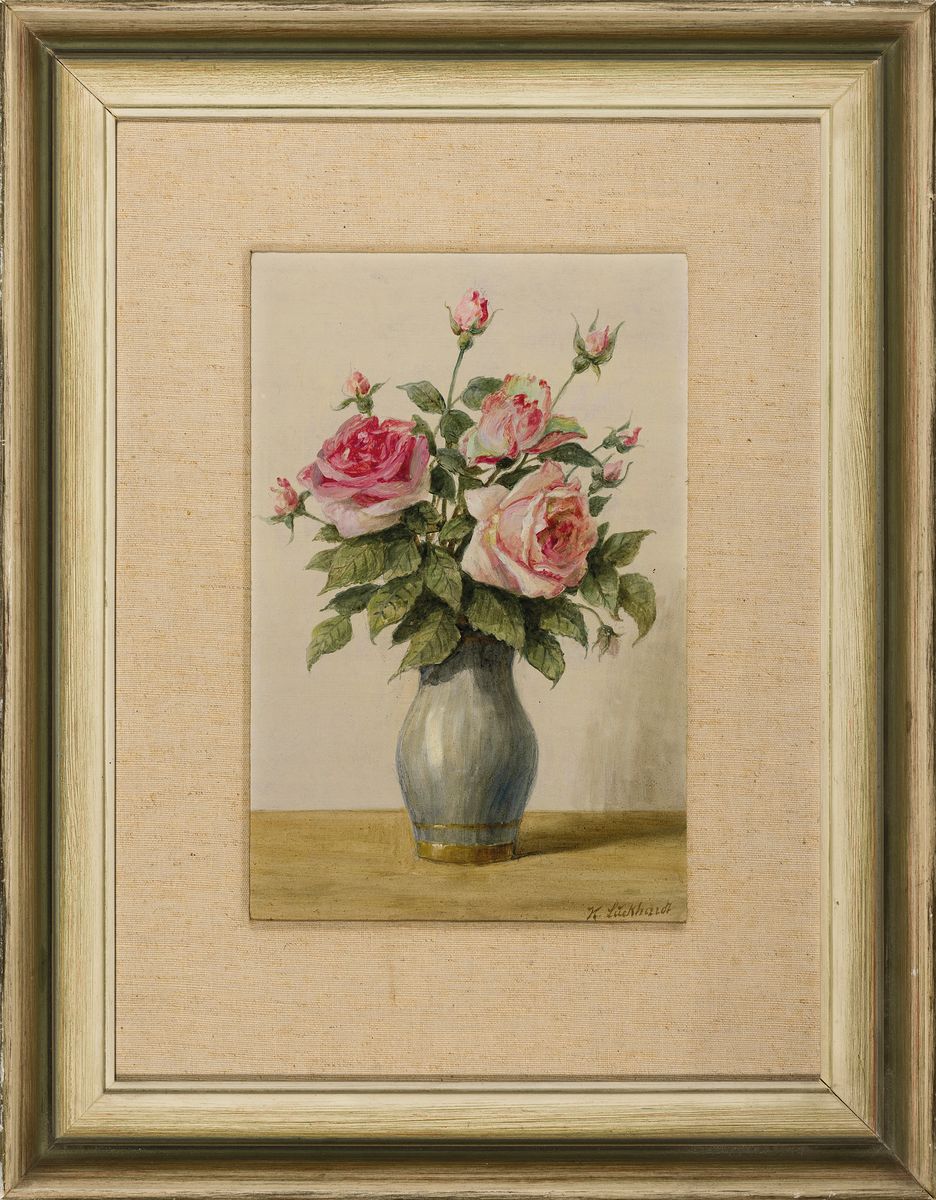 Detail k: Karl Luckhardt, 1886-1970 Frankfurt am Main, 2 Stillleben, 1x Pfirsiche auf Teller, Öl/ Malkarton, sign., ca. 20x30cm, R. ca. 31x41cm, Rosen in ...