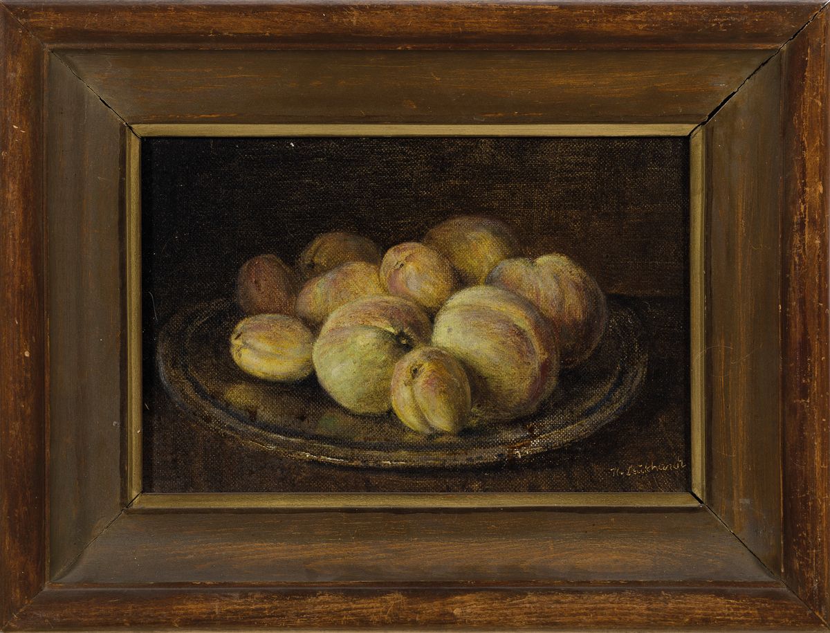 Detail n: Karl Luckhardt, 1886-1970 Frankfurt am Main, 2 Stillleben, 1x Pfirsiche auf Teller, Öl/ Malkarton, sign., ca. 20x30cm, R. ca. 31x41cm, Rosen in ...