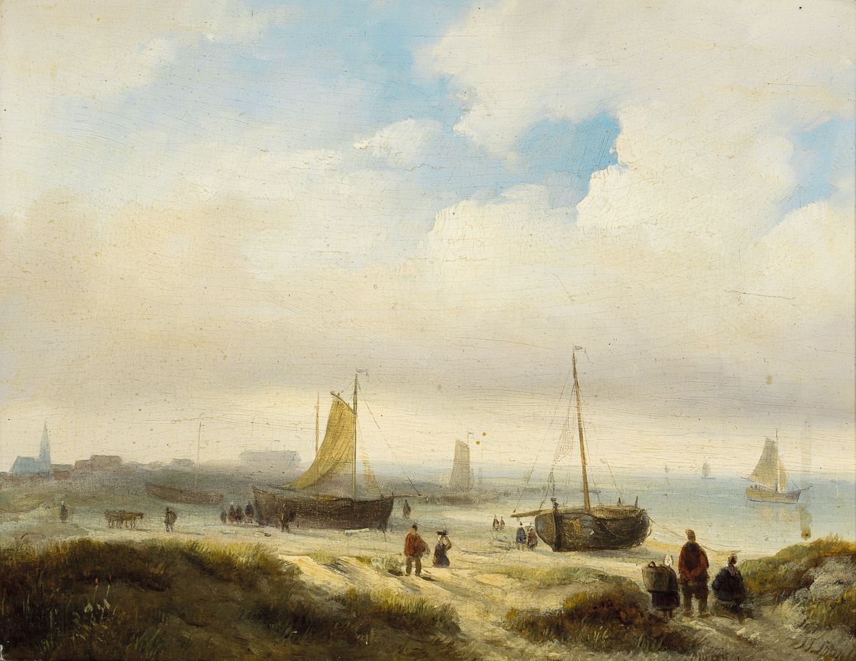 Jan Jacob Spohler, 1811 Nederhorst den Berg-1866 Amsterdam, Fischerboote am Strand, Öl/Holz, rechts unten signiert, ca. 21x27cm, R. ca. 34x40cm