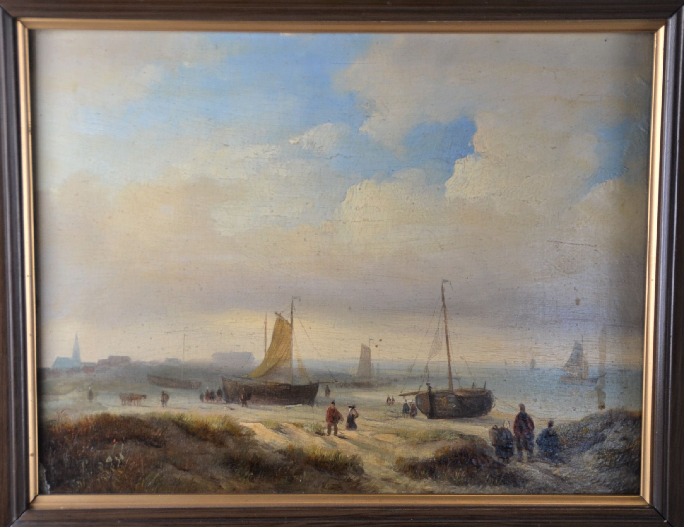 Detail d: Jan Jacob Spohler, 1811 Nederhorst den Berg-1866 Amsterdam, Fischerboote am Strand, Öl/Holz, rechts unten signiert, ca. 21x27cm, R. ca. 34x40cm
