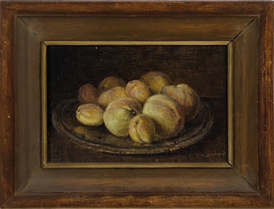 26578110n - Karl Luckhardt, 1886-1970 Frankfurt am Main, 2still lifes, 1x peaches on a plate, oil/painting board, signed, approx. 20x30cm, R. approx. 31x41cm, roses in a blue vase, oil/wood, signed, approx. 29x 19cm, frame approx. 50x39cm