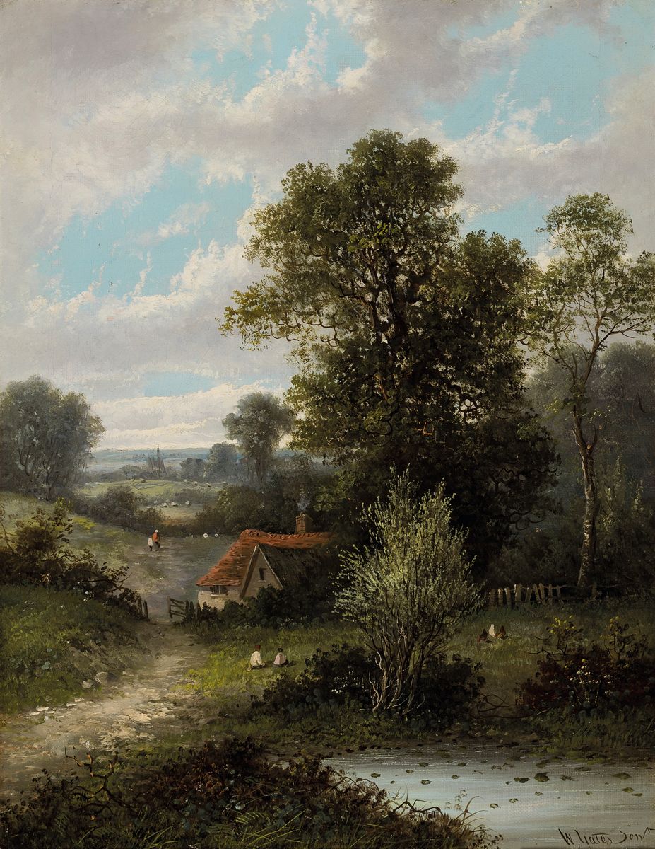 William Yates sen., Maler des 19. und 20. Jh., Landschaft mit Teich, Bäumen und Cottage, Öl/Lwd, rechts unten signiert, ca. 46x36cm, R. ca. 57x47cm