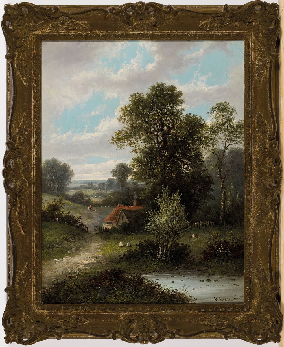 Detail k: William Yates sen., Maler des 19. und 20. Jh., Landschaft mit Teich, Bäumen und Cottage, Öl/Lwd, rechts unten signiert, ca. 46x36cm, R. ca. 57x47cm