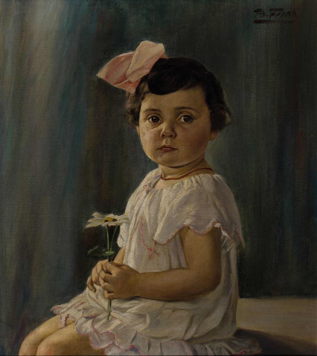 Philipp Frank, 1871-1944, Bildnis eines jungen Mädchens, Kniestück mit eingedrehtem Oberkörper, rechts oben signiert, Öl/Lwd, R. 52x47 cm