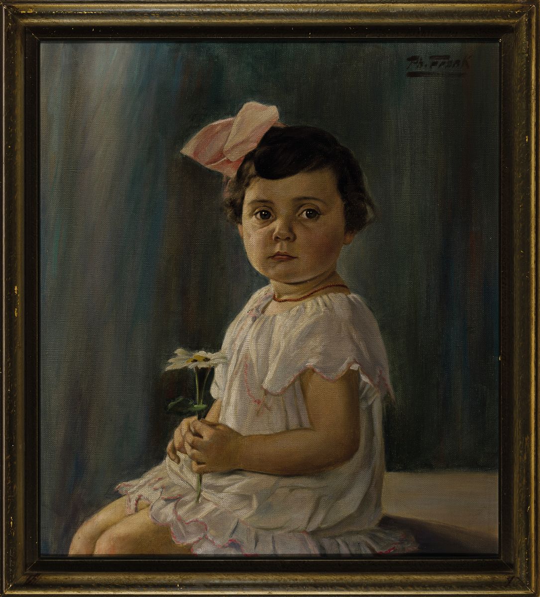 Detail k: Philipp Frank, 1871-1944, Bildnis eines jungen Mädchens, Kniestück mit eingedrehtem Oberkörper, rechts oben signiert, Öl/Lwd, R. 52x47 cm