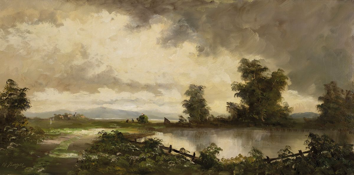 Heinrich Berger, geb. 1898 München, Wolken verhangene Landschaft im Dachauer Moos, Öl/Lwd, links unten signiert, ca. 40x80cm, R. ca. 54x94cm