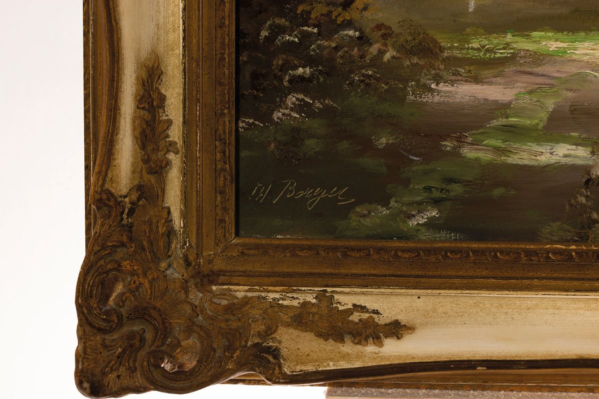 Detail a: Heinrich Berger, geb. 1898 München, Wolken verhangene Landschaft im Dachauer Moos, Öl/Lwd, links unten signiert, ca. 40x80cm, R. ca. 54x94cm