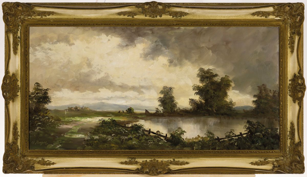 Detail k: Heinrich Berger, geb. 1898 München, Wolken verhangene Landschaft im Dachauer Moos, Öl/Lwd, links unten signiert, ca. 40x80cm, R. ca. 54x94cm