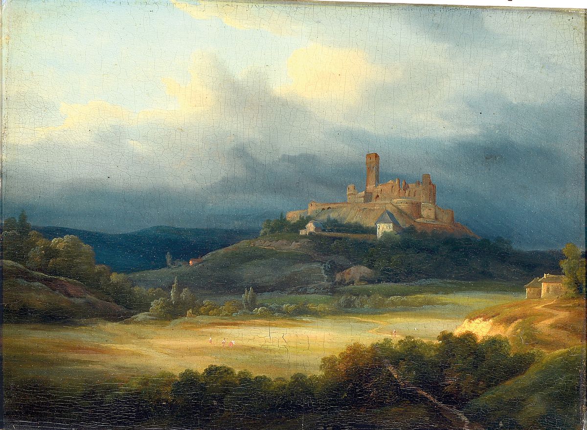 Le Blanc, Mitte des 19. Jh., Weite Landschaft mit einer Burg auf einem Hügel, Öl/Holz, rückseitig bezeichnet: Königstein gemalt von Le Blanc, ca. ...