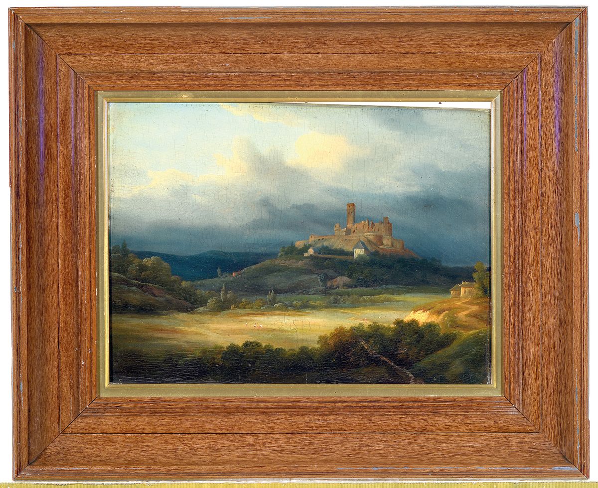 Detail k: Le Blanc, Mitte des 19. Jh., Weite Landschaft mit einer Burg auf einem Hügel, Öl/Holz, rückseitig bezeichnet: Königstein gemalt von Le Blanc, ca. ...