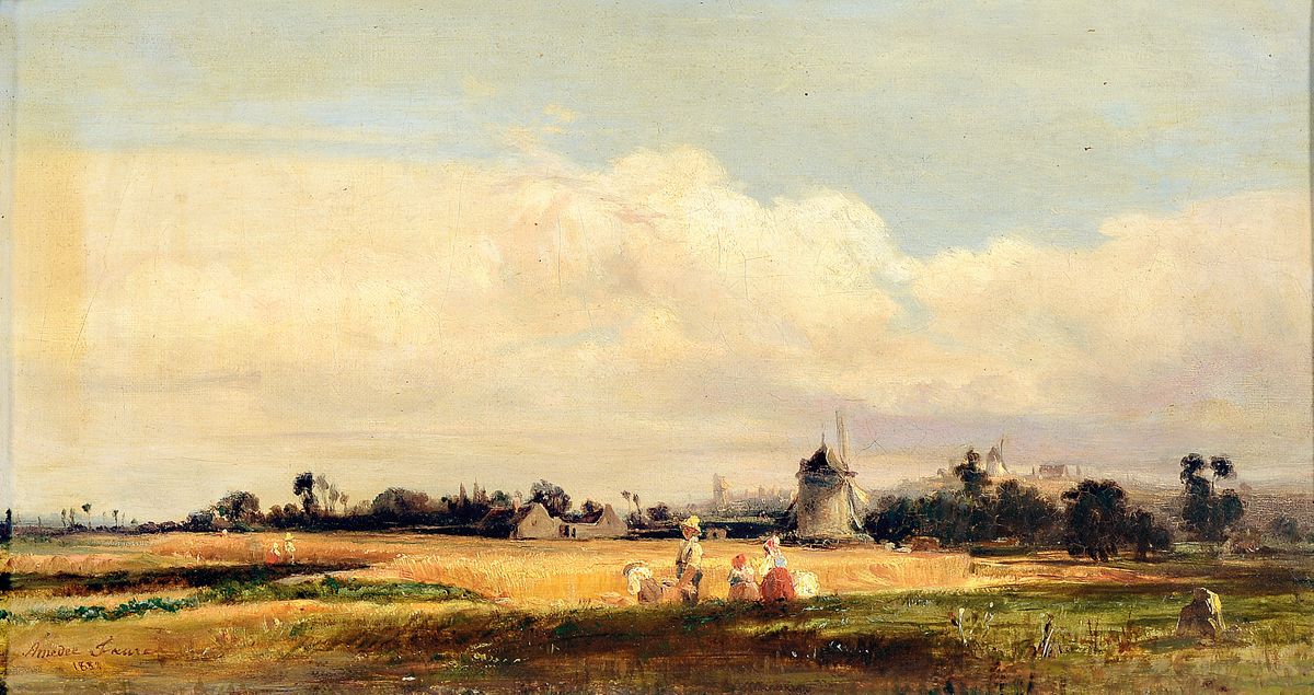 Amedée Faure, 1801-1878 Paris, Weite sommerliche Landschaft mit Getreide erntenden Bauern, Öl/Lwd, links unten signiert und dat. 1853, ca. 22x40cm, ...