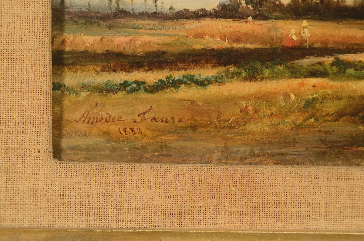 Detail a: Amedée Faure, 1801-1878 Paris, Weite sommerliche Landschaft mit Getreide erntenden Bauern, Öl/Lwd, links unten signiert und dat. 1853, ca. 22x40cm, ...
