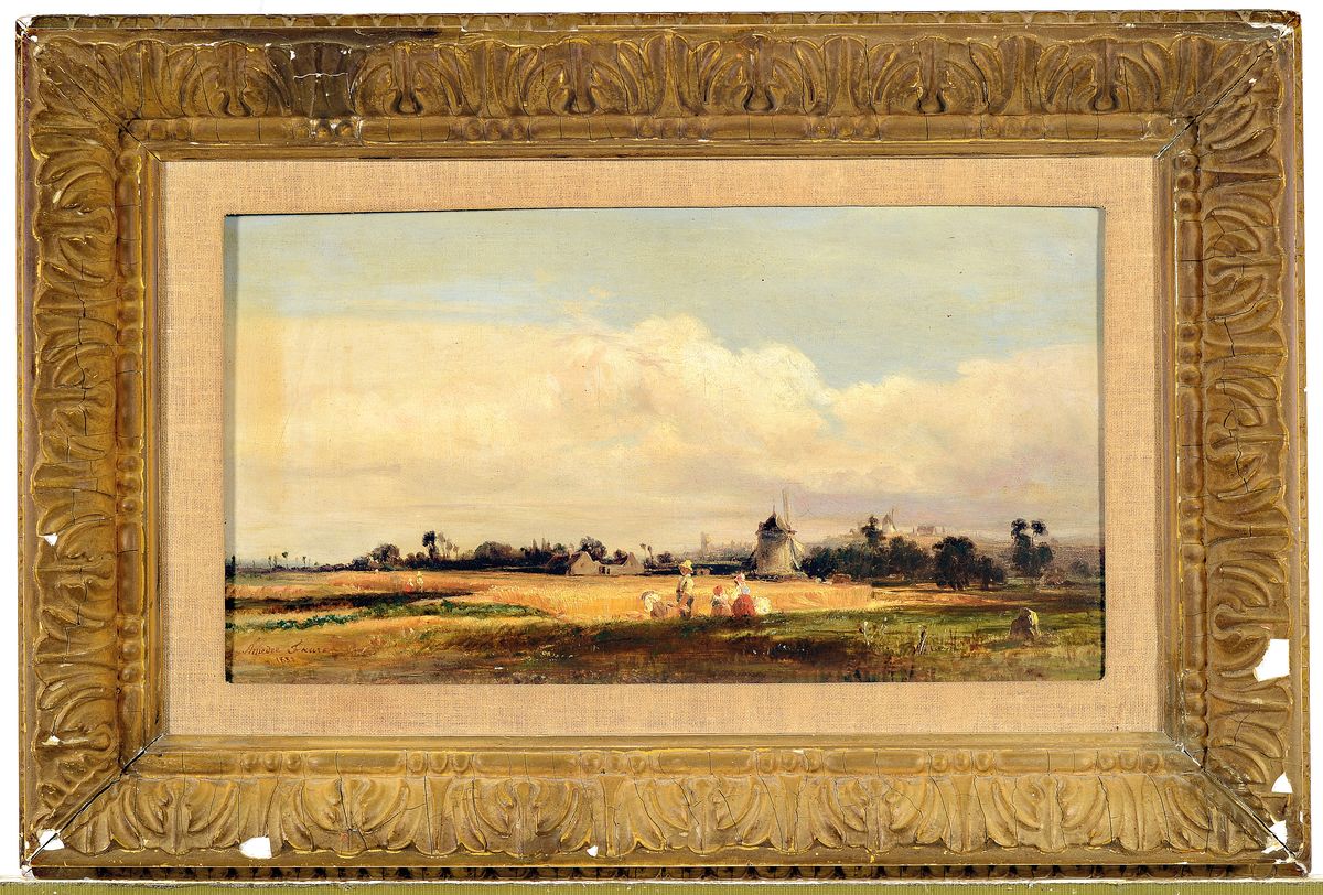 Detail k: Amedée Faure, 1801-1878 Paris, Weite sommerliche Landschaft mit Getreide erntenden Bauern, Öl/Lwd, links unten signiert und dat. 1853, ca. 22x40cm, ...