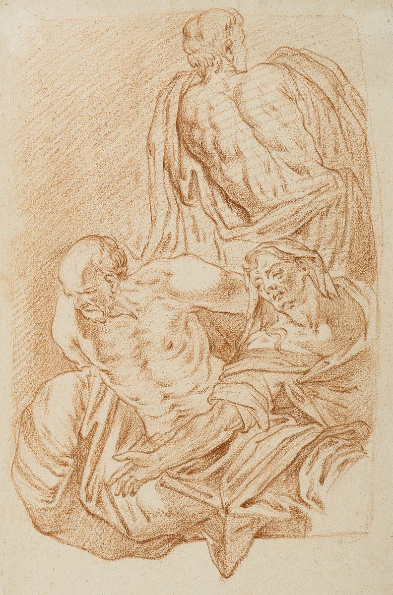 Zuschreibung: Christian Bernhard Rode (1725-1797), 2 Zeichnungen, Rötel auf Papier, Hieronymus als Asket und Figurengruppe wohl als Teil einer ...