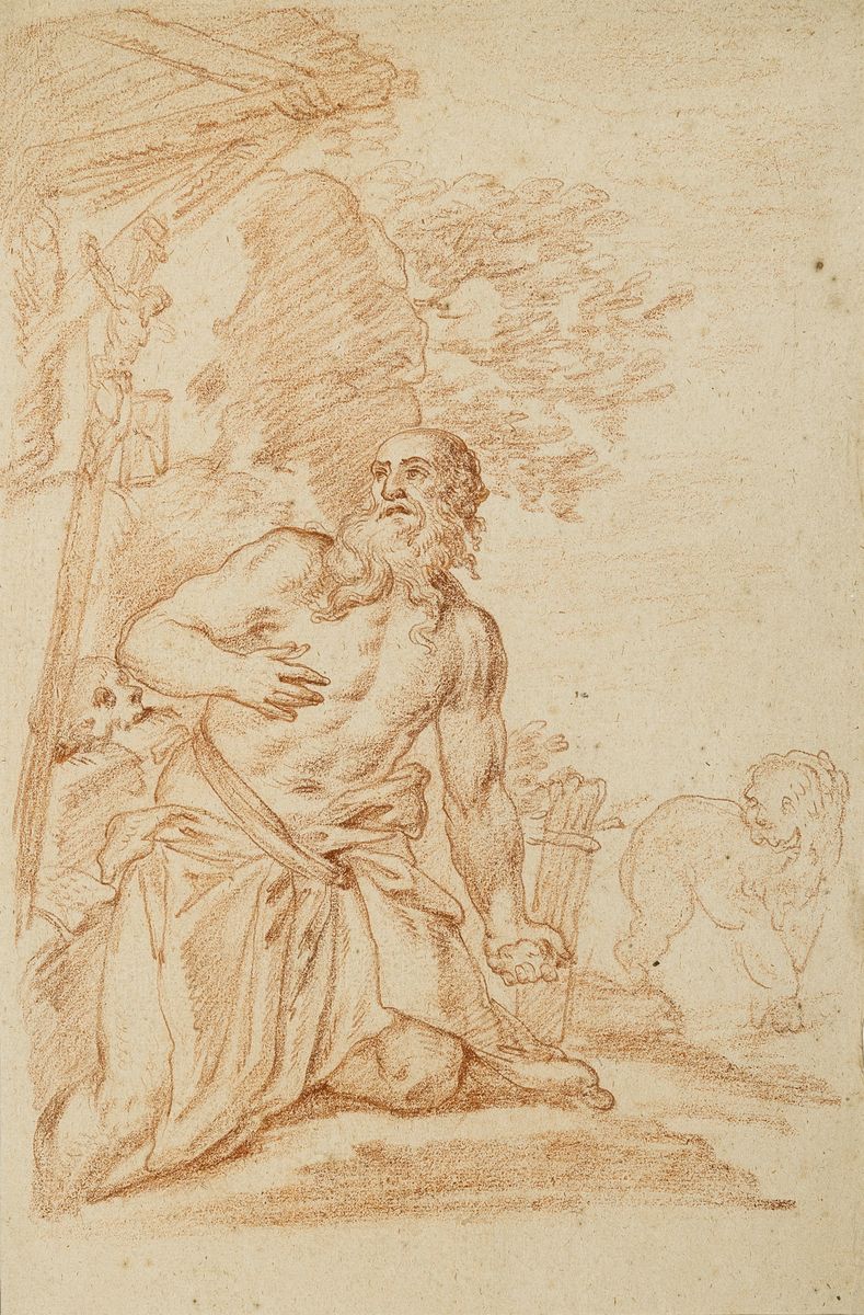 Detail a: Zuschreibung: Christian Bernhard Rode (1725-1797), 2 Zeichnungen, Rötel auf Papier, Hieronymus als Asket und Figurengruppe wohl als Teil einer ...