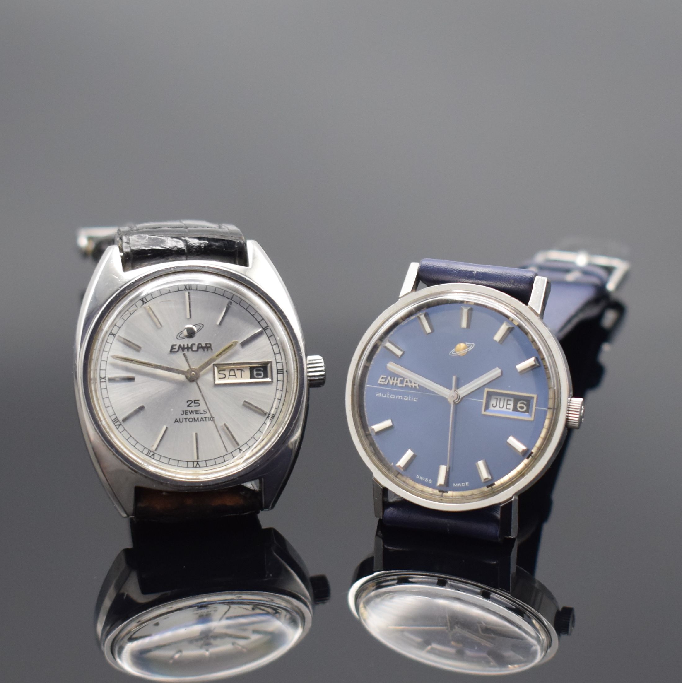 Konvolut: 2 Enicar Armbanduhren, beide Automatik, Schweiz 1970er Jahre, Ref. 197-03- 01 und 2167-51-29, Edelstahlgeh., Böden verschr., 1 x blaues ...