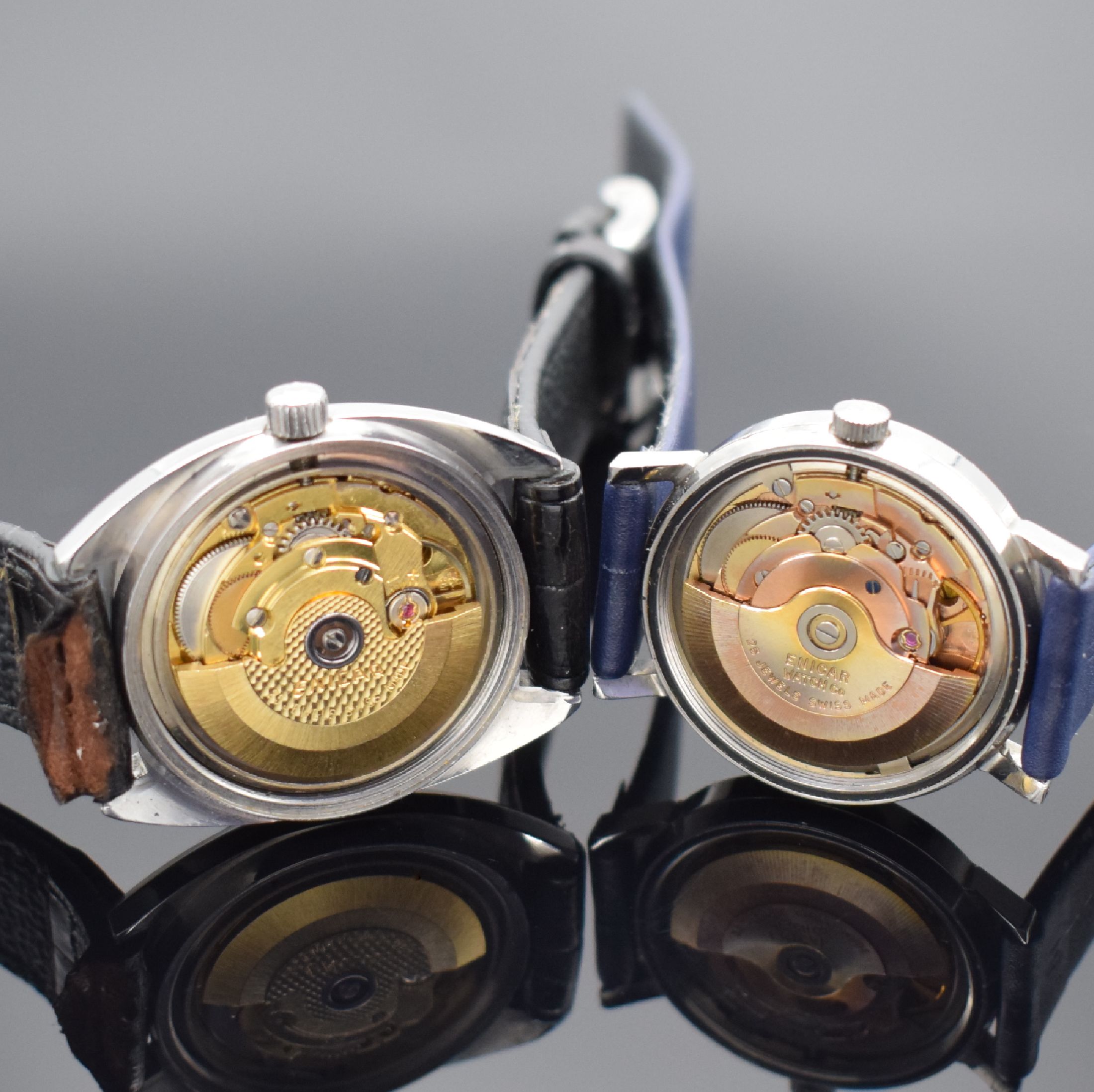 Detail c: Konvolut: 2 Enicar Armbanduhren, beide Automatik, Schweiz 1970er Jahre, Ref. 197-03- 01 und 2167-51-29, Edelstahlgeh., Böden verschr., 1 x blaues ...