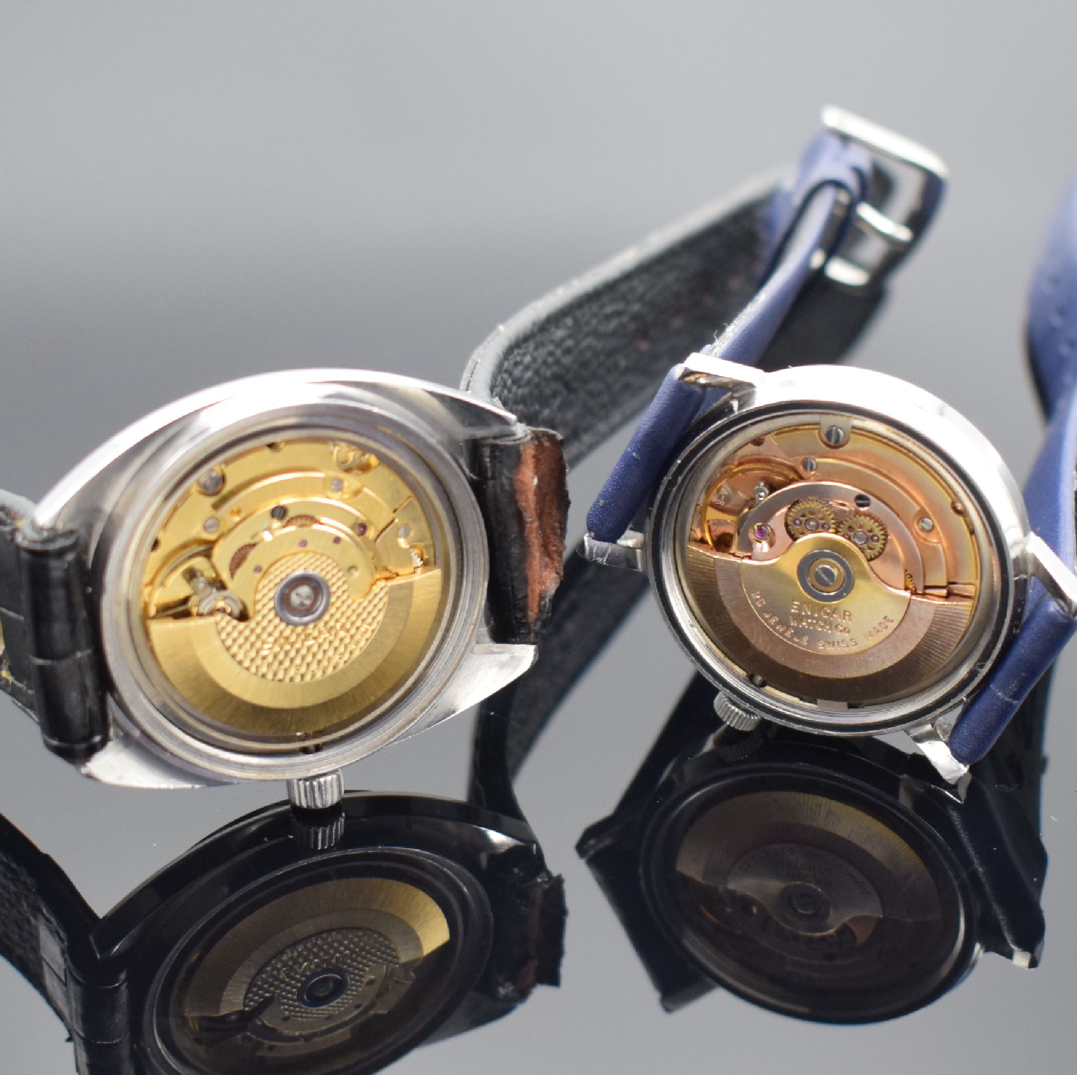 Detail d: Konvolut: 2 Enicar Armbanduhren, beide Automatik, Schweiz 1970er Jahre, Ref. 197-03- 01 und 2167-51-29, Edelstahlgeh., Böden verschr., 1 x blaues ...