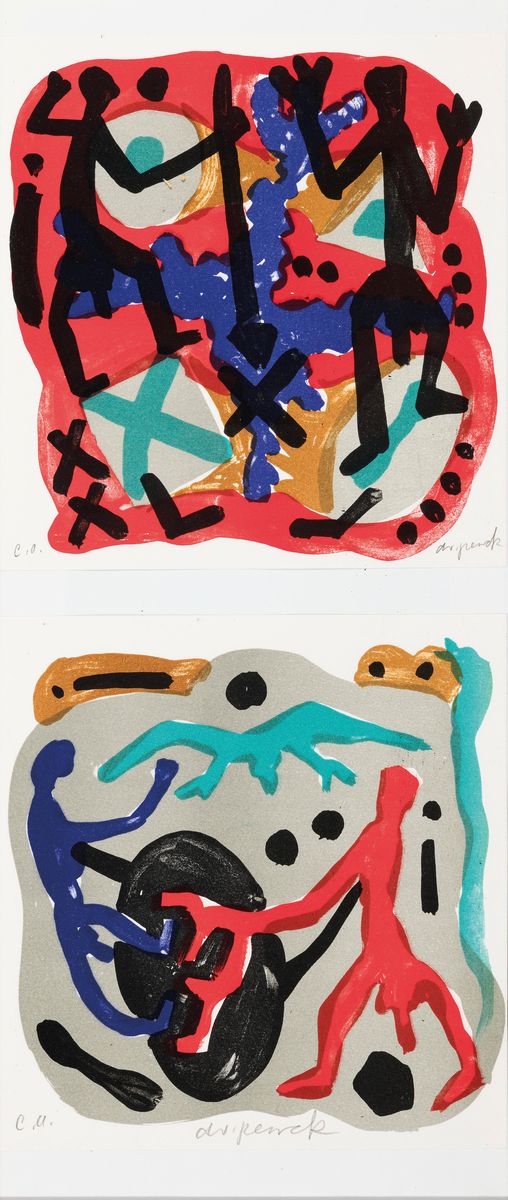 Detail b: A.R. Penck, 1939-2017, 3 Farblithographien aus der Kopenhagen Suite II von 1995, alle handsigniert, alle bez. e.a., je ca. 26x25.5cm, unter Glas, in ...