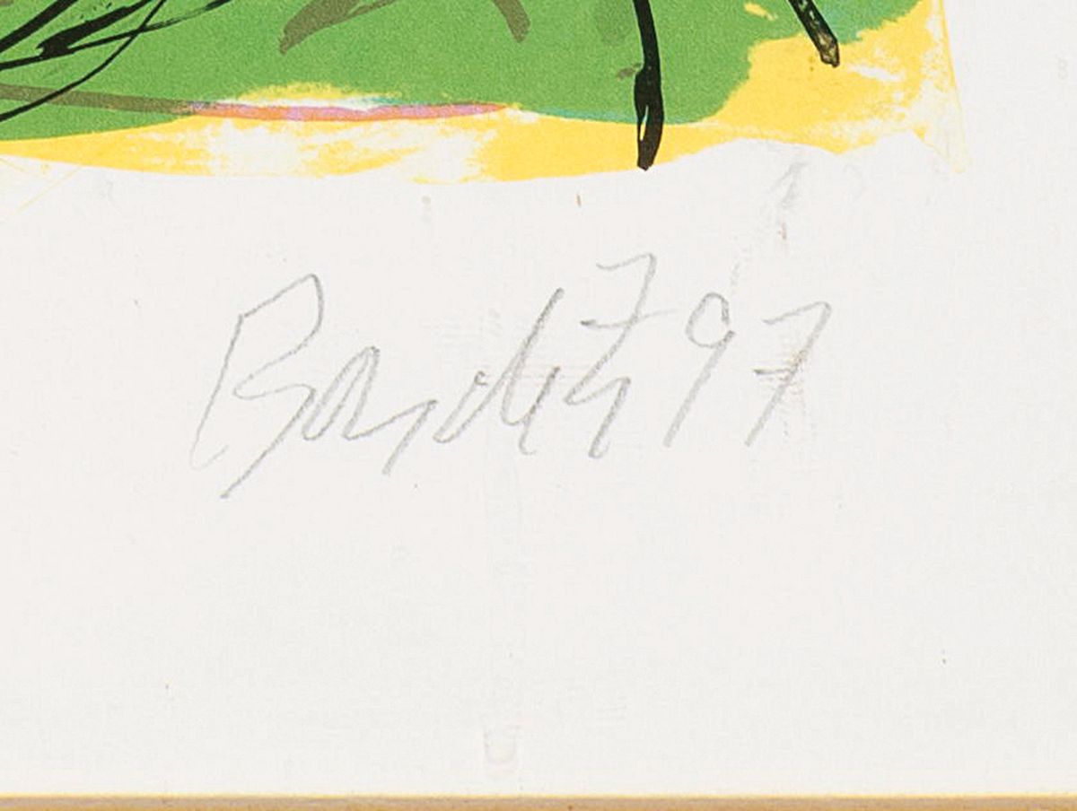 Detail a: Georg Baselitz, geb. 1938, Dreimalportrait, Farblithographie von 1997, handsigniert und dat., num. 32/100, ca. 65x48cm, u.Gl., R. ca. 81x61cm