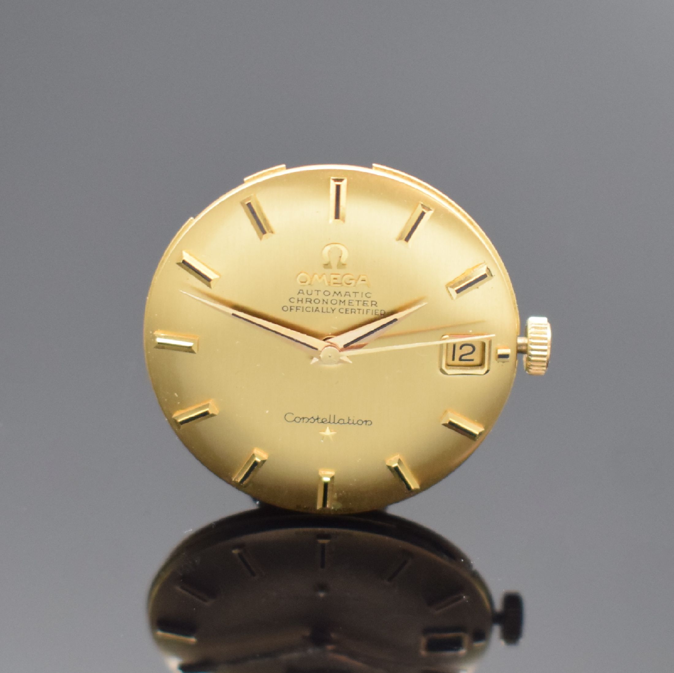 OMEGA Constellation Goldzifferblatt mit Werk Kaliber 564, Schweiz um 1967, Automatik, gebürstetes Zifferbl., aufges. Indizes, Datum b. 3, gold. ...