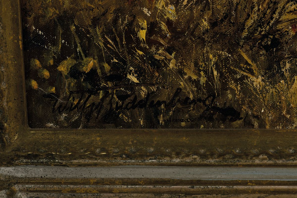 Detail a: Wilhelm Buddenberg, 1890 Trier-1967 Neuss, Studium an der Akademie Berlin, bekannter Tier- und Jagdmaler, hier: Elch auf einer Lichtung, Öl/Lwd, ...