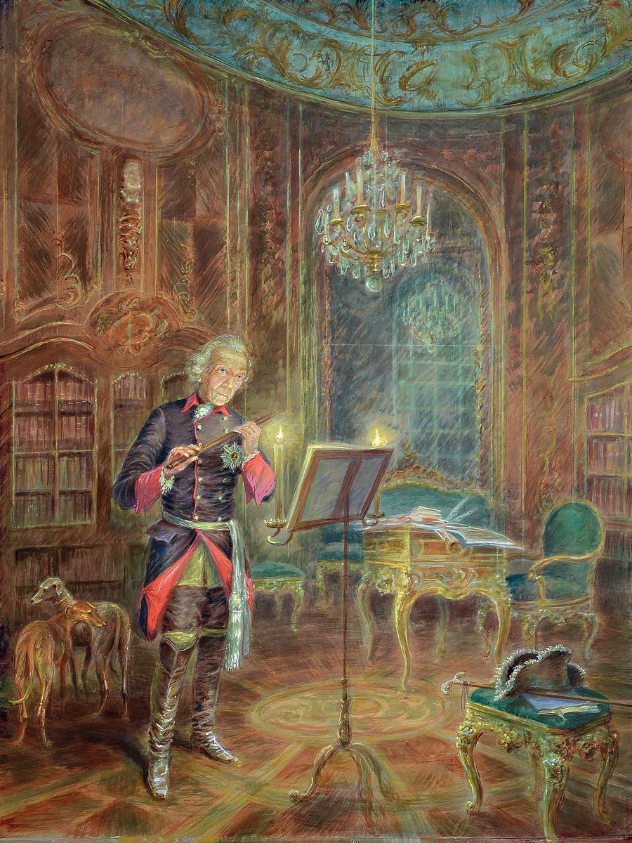 Unbekannter Künstler um 1900, Friedrich der Große, Flötenspiel im Schlosssaal mit Windhunden, Gouache/Papier, PP., unter Glas, Rahmen ca. 77x65 cm