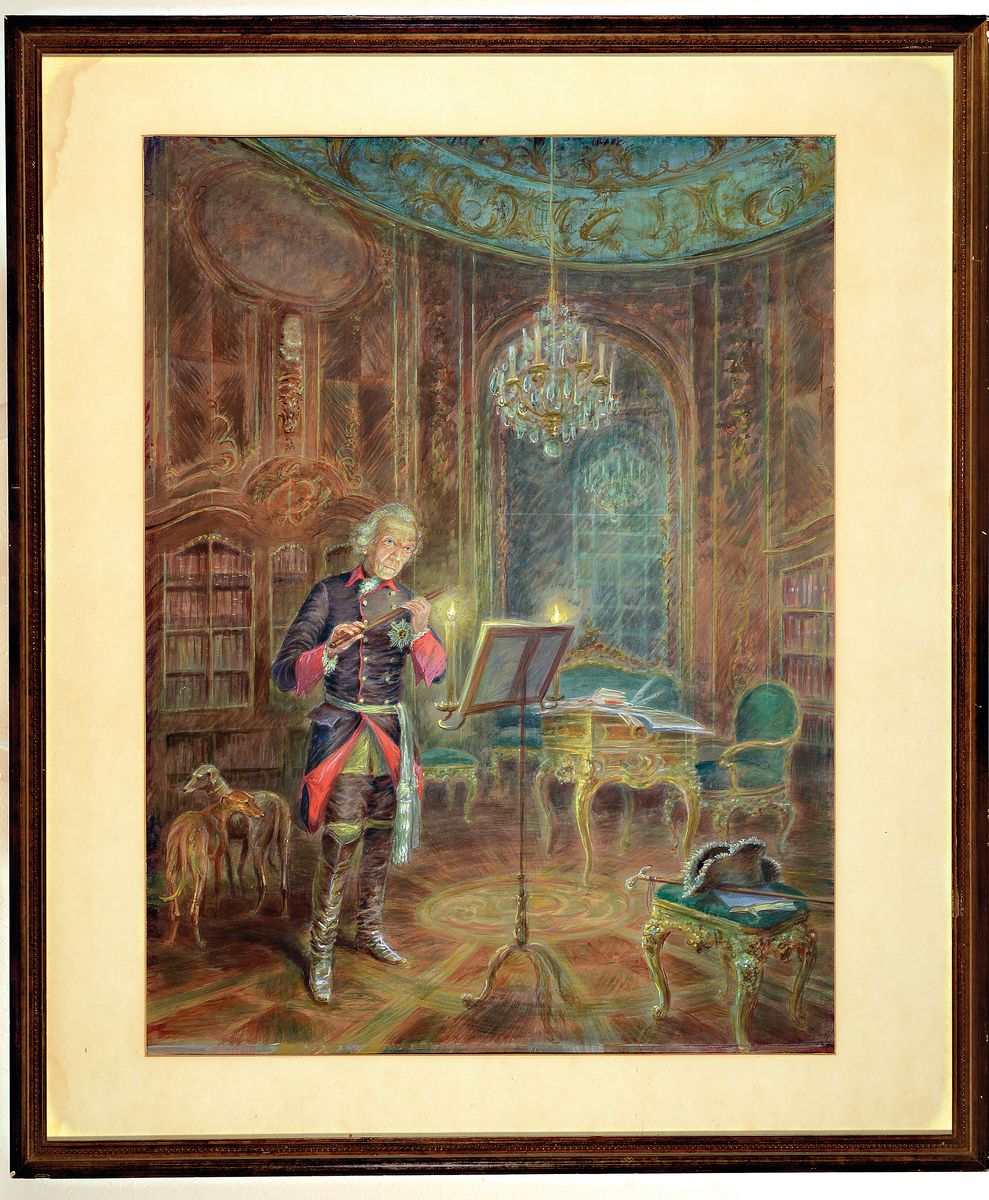 Detail k: Unbekannter Künstler um 1900, Friedrich der Große, Flötenspiel im Schlosssaal mit Windhunden, Gouache/Papier, PP., unter Glas, Rahmen ca. 77x65 cm