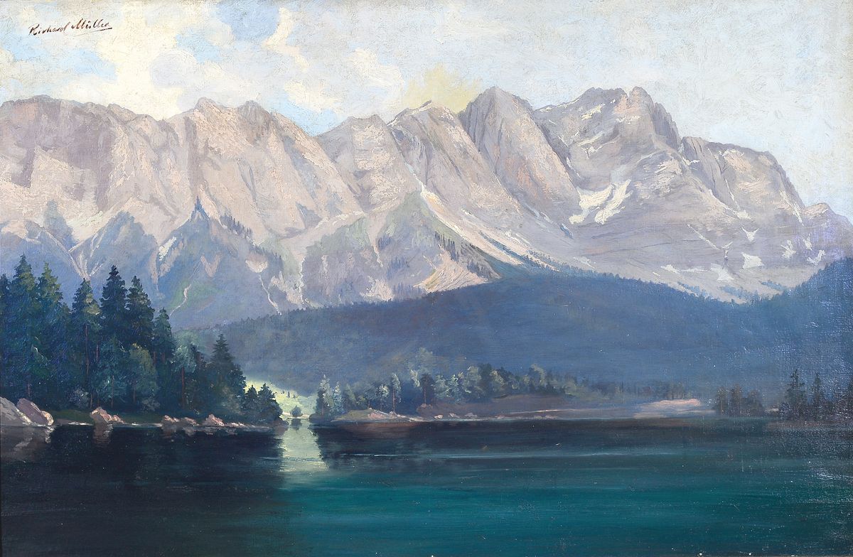 Richard Müller, Künstler der Münchner Schule, Ende 19.Jh., großformatige Ansicht des Eibsee mit Zugspitzmassiv, links oben signiert Öl/Lwd, ...