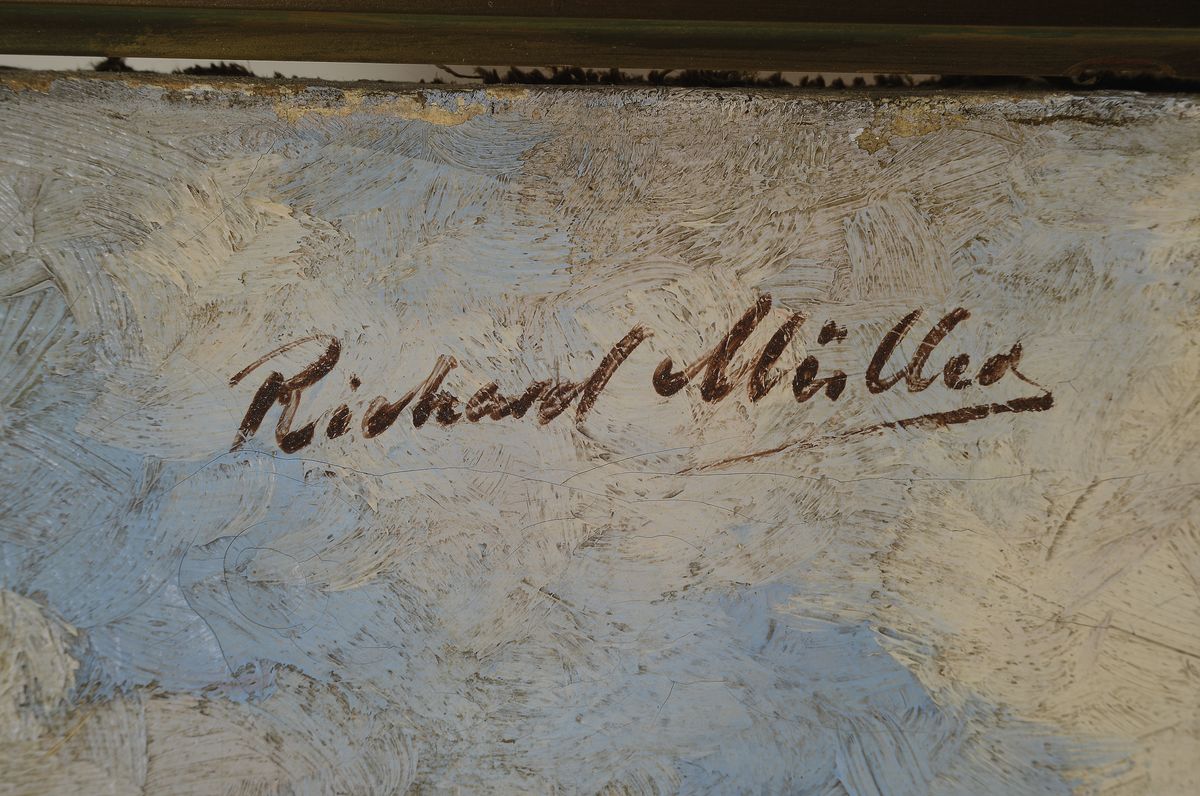 Detail a: Richard Müller, Künstler der Münchner Schule, Ende 19.Jh., großformatige Ansicht des Eibsee mit Zugspitzmassiv, links oben signiert Öl/Lwd, ...