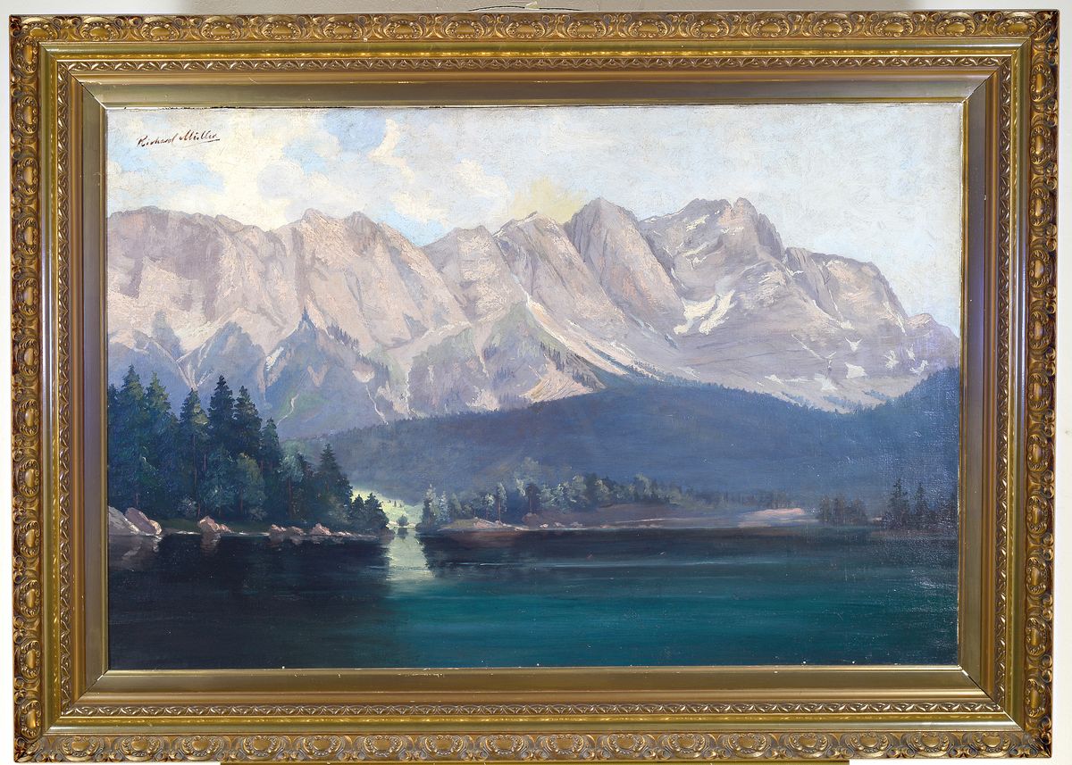 Detail k: Richard Müller, Künstler der Münchner Schule, Ende 19.Jh., großformatige Ansicht des Eibsee mit Zugspitzmassiv, links oben signiert Öl/Lwd, ...