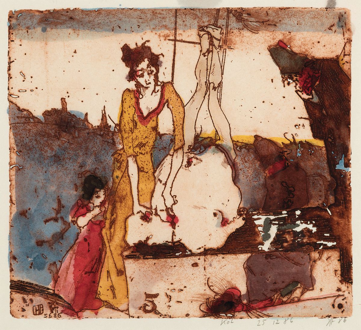 Horst janssen, 1929-1995 Hamburg, Aquarell über Radierung auf Japanbütten, "5.6.86", aus der Serie "Svanshall verkehrt" (1986), ...