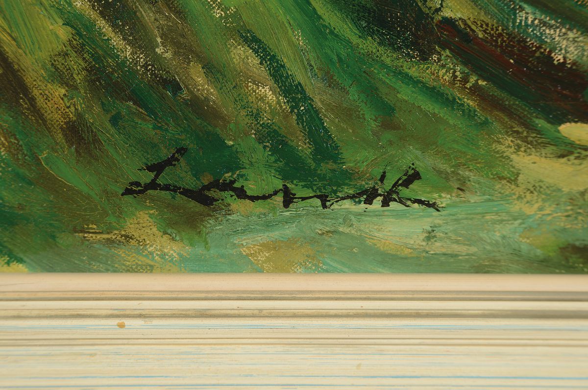 Detail a: Robert Lauth, 1896-1985 Ludwigshafen, Weinlese in der Südpfalz, wohl Blick auf Edenkoben, links unten signiert, Öl/Lwd, 72x80cm, R. 83x92 cm, ...