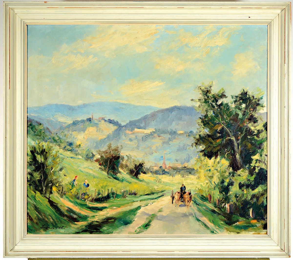 Detail k: Robert Lauth, 1896-1985 Ludwigshafen, Weinlese in der Südpfalz, wohl Blick auf Edenkoben, links unten signiert, Öl/Lwd, 72x80cm, R. 83x92 cm, ...