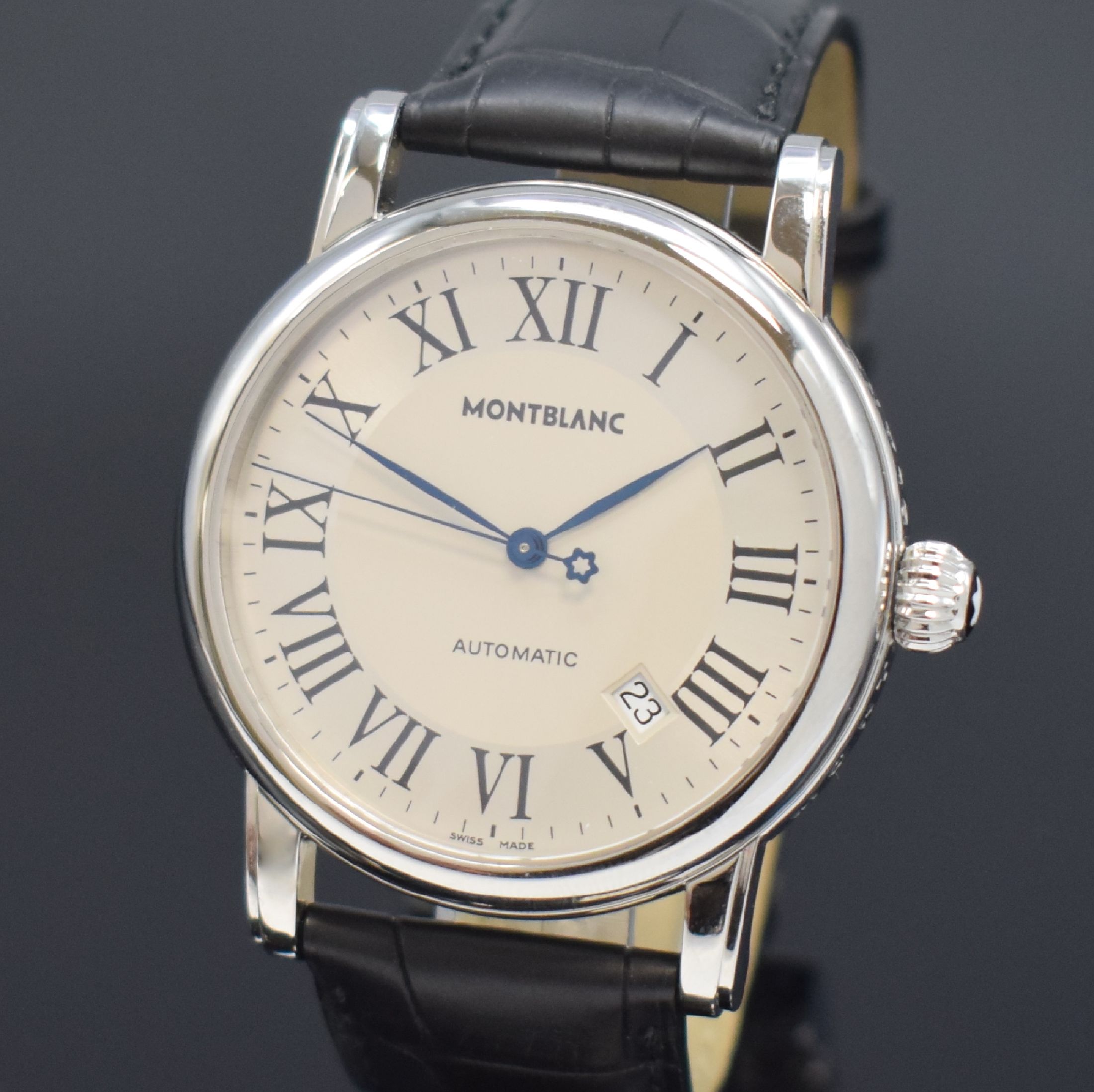 Detail a: MONTBLANC Star Herrenarmbanduhr Referenz 7068, Schweiz um 2005, Automatik, Edelstahlgeh., Boden aufgedr., orig. Lederband m. orig. Faltschl., silb. ...