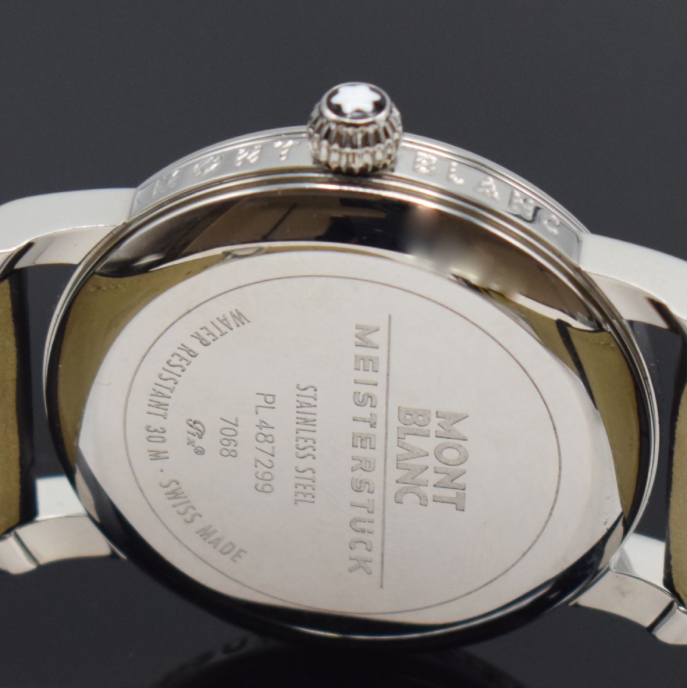 Detail b: MONTBLANC Star Herrenarmbanduhr Referenz 7068, Schweiz um 2005, Automatik, Edelstahlgeh., Boden aufgedr., orig. Lederband m. orig. Faltschl., silb. ...