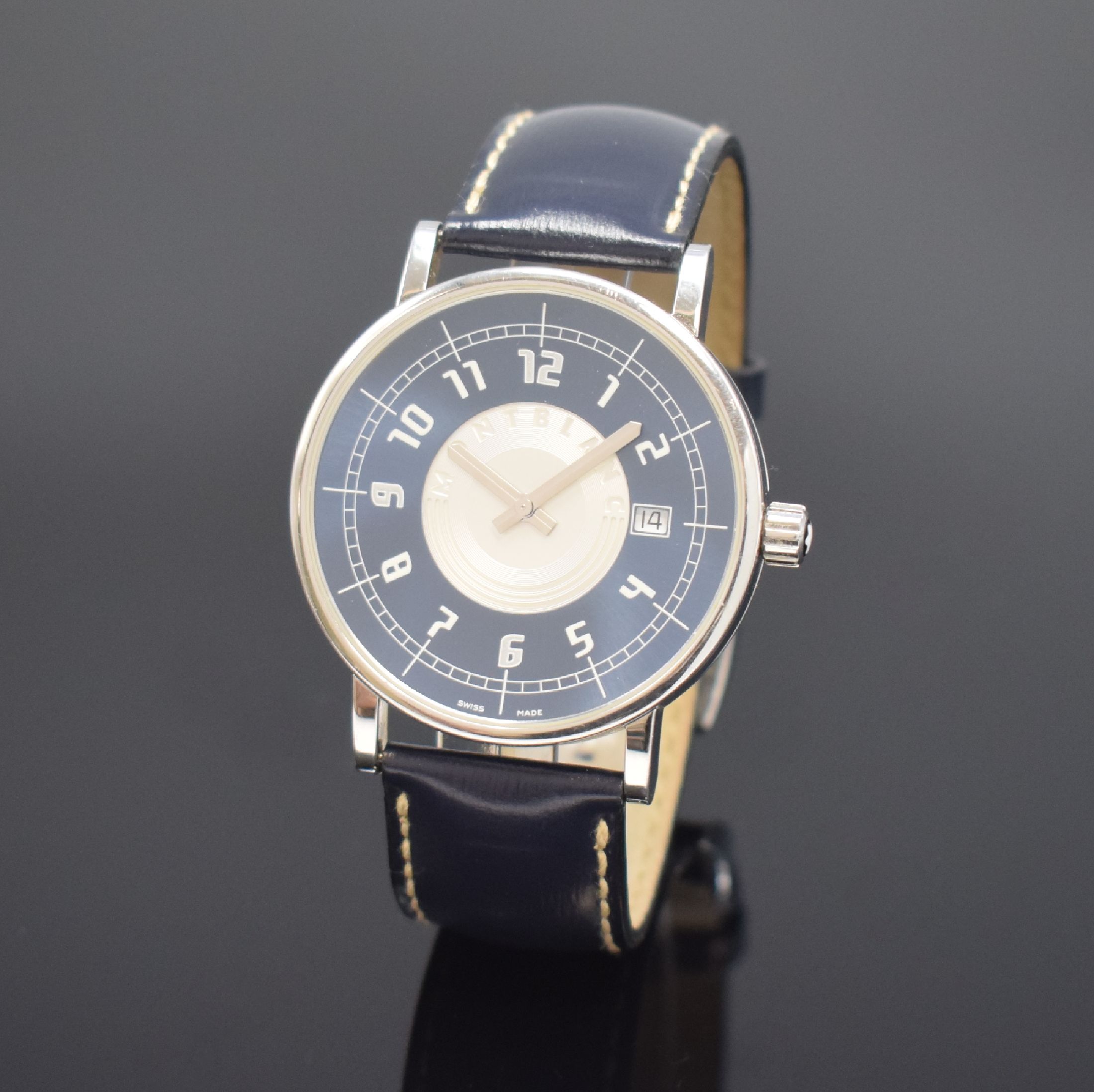 MONTBLANC Summit Herrenarmbanduhr Referenz 7045, Schweiz um 2005, quarz, 2-teil. Edelstahlgehäuse, Boden aufgedr., orig. Lederband m. Dornschl., ...