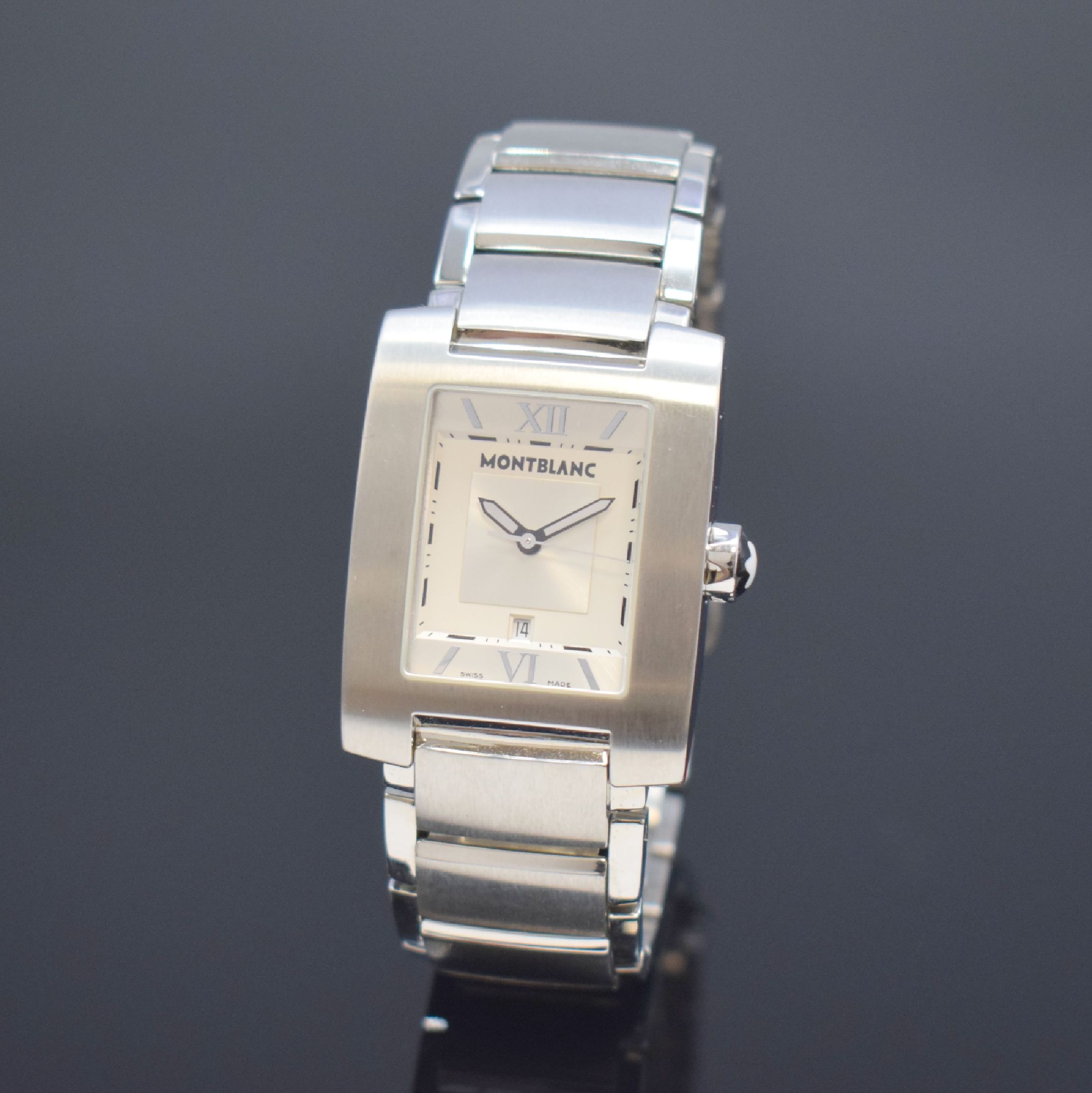 MONTBLANC Profile Armbanduhr Referenz 7048, Schweiz um 2005, quarz, Edelstahlgeh. inkl. Gliederband m. dopp. Faltschl., Boden aufgedr., silb. ...