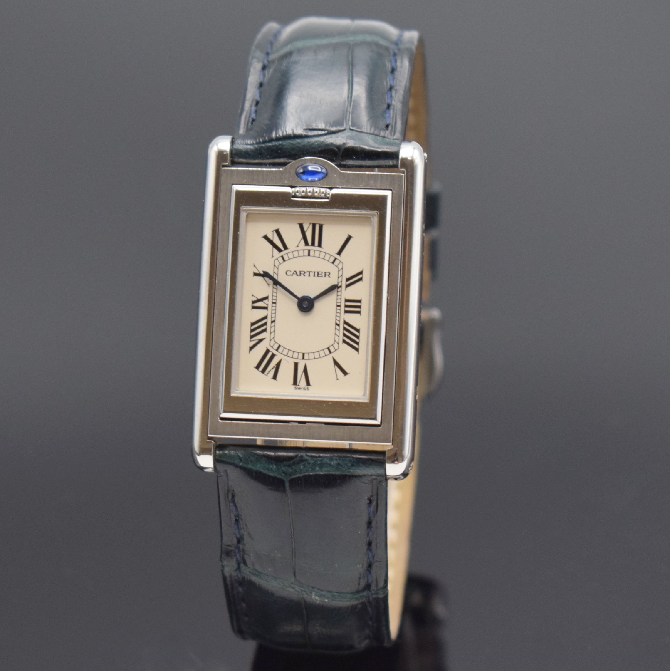 CARTIER Basculante Armbanduhr Referenz 2405, Schweiz um 2005, quarz, aufwendiges Edelstahl Wendegehäuse inkl. orig. Lederband m. orig. Dornschl., ...