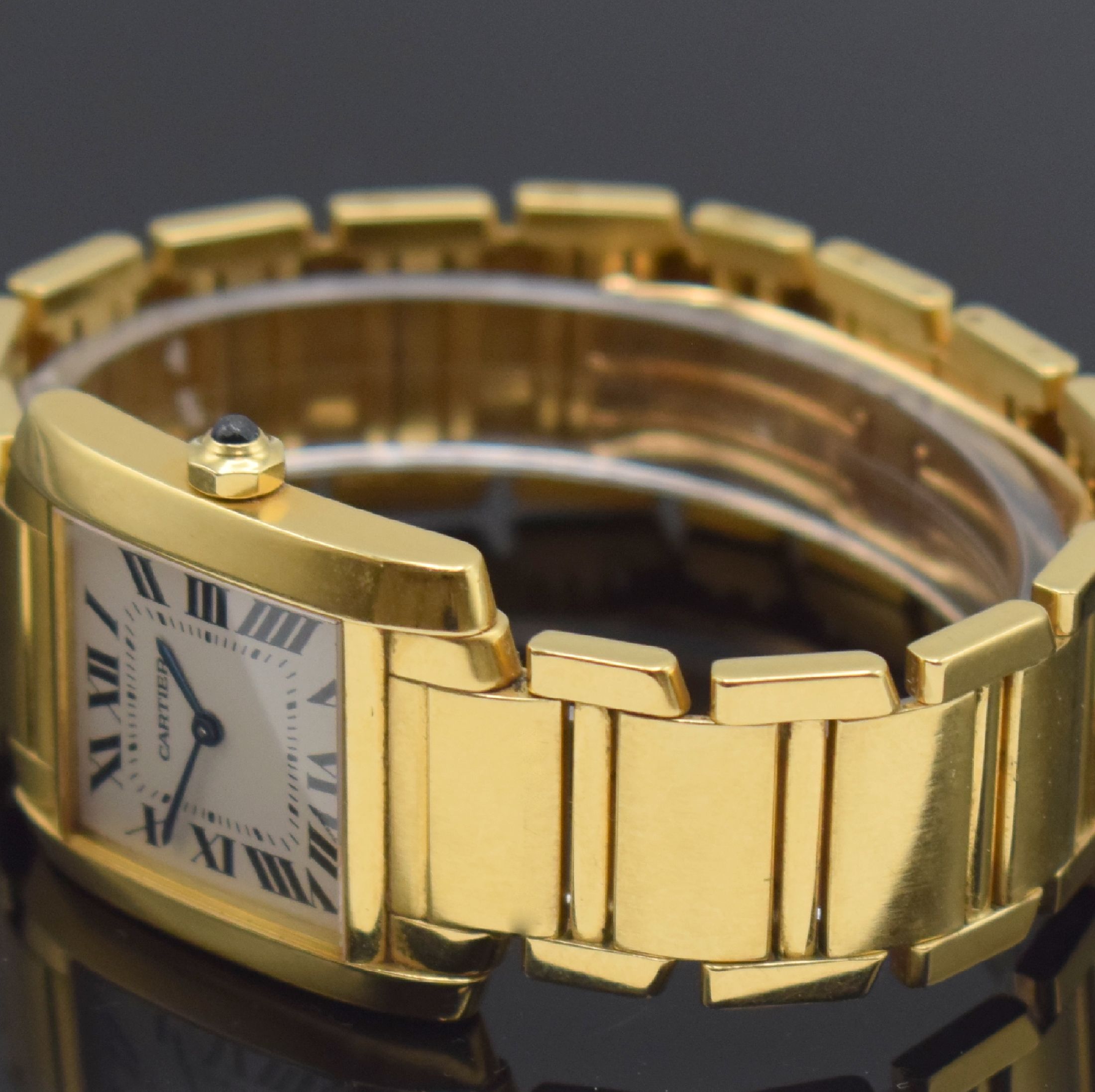 Detail b: CARTIER Tank Francaise Damenarmbanduhr in GG 750/000 Referenz 1821, Schweiz um 2000, quarz, 2-teil. Geh., Boden 4-fach verschr., Gliederband m. dopp. ...