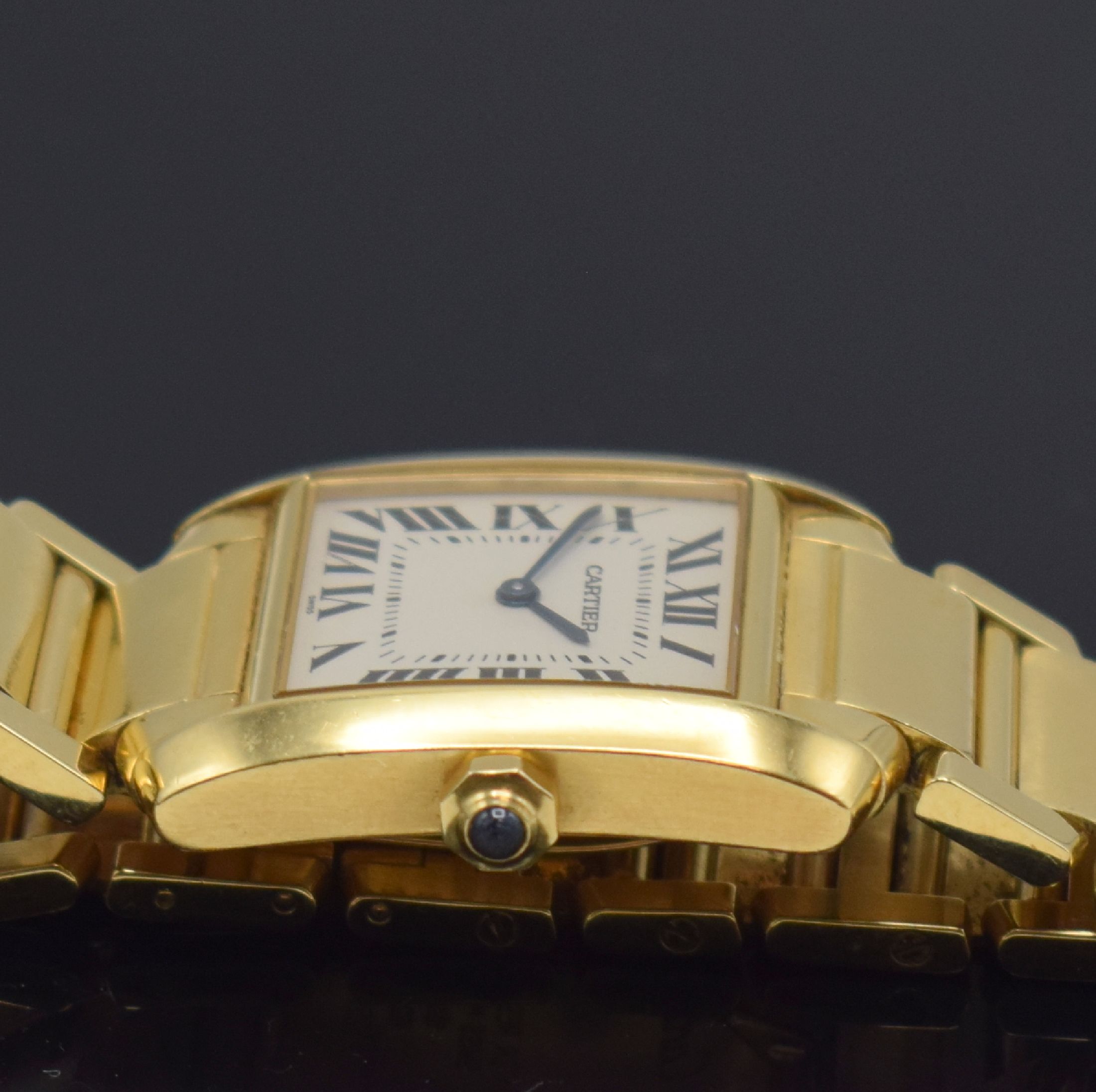 Detail e: CARTIER Tank Francaise Damenarmbanduhr in GG 750/000 Referenz 1821, Schweiz um 2000, quarz, 2-teil. Geh., Boden 4-fach verschr., Gliederband m. dopp. ...