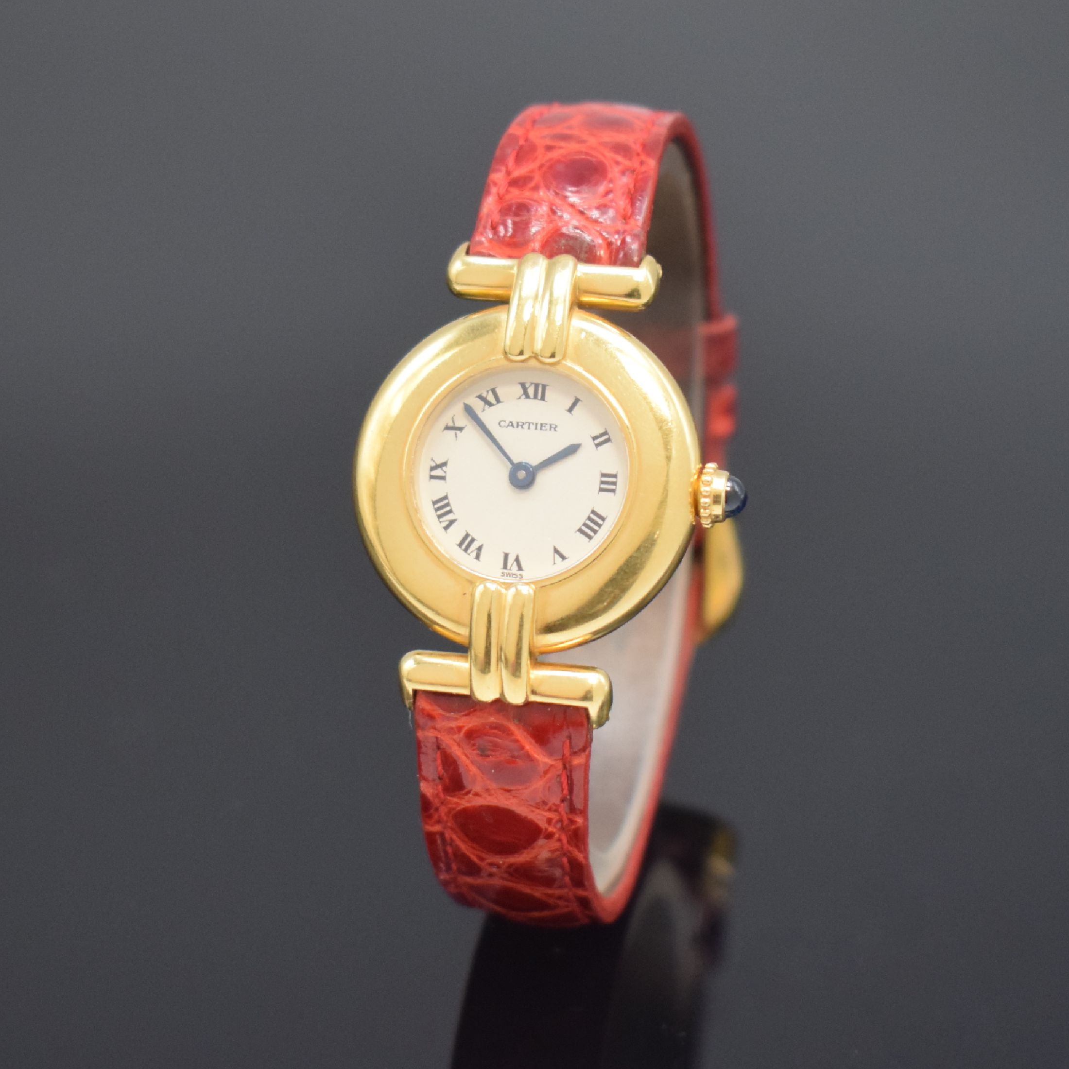 CARTIER Rivoli Damenarmbanduhr in GG 750/000, Schweiz um 1990, quarz, 2-teil. Geh., Boden 2-fach verschr., weißes Zifferbl. m. röm. Zahlen, gebl. ...