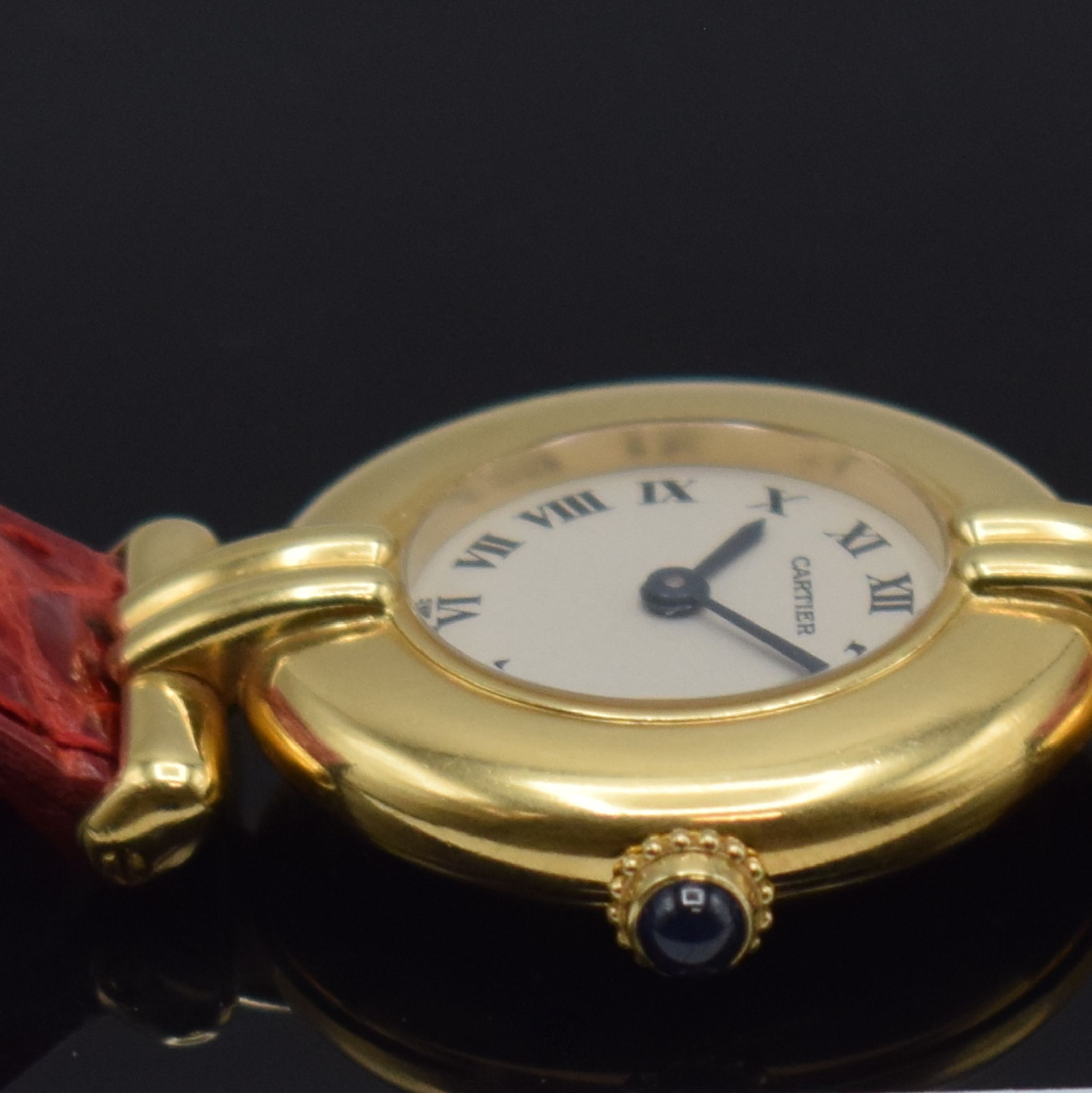 Detail c: CARTIER Rivoli Damenarmbanduhr in GG 750/000, Schweiz um 1990, quarz, 2-teil. Geh., Boden 2-fach verschr., weißes Zifferbl. m. röm. Zahlen, gebl. ...