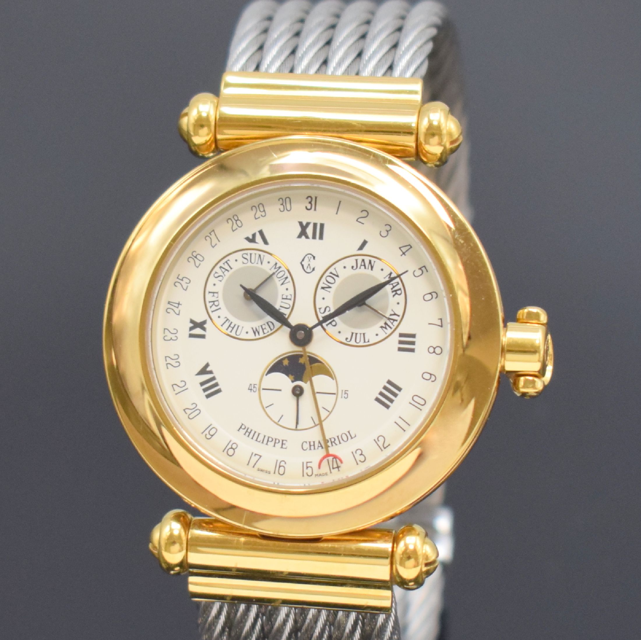 Detail a: PHILIPPE CHARRIOL Herrenarmbanduhr mit Vollkalender, Schweiz um 1995, quarz, verg. Geh., Boden aufgedr., Kordel-Stahlband, weißes Zifferbl. m. röm. ...