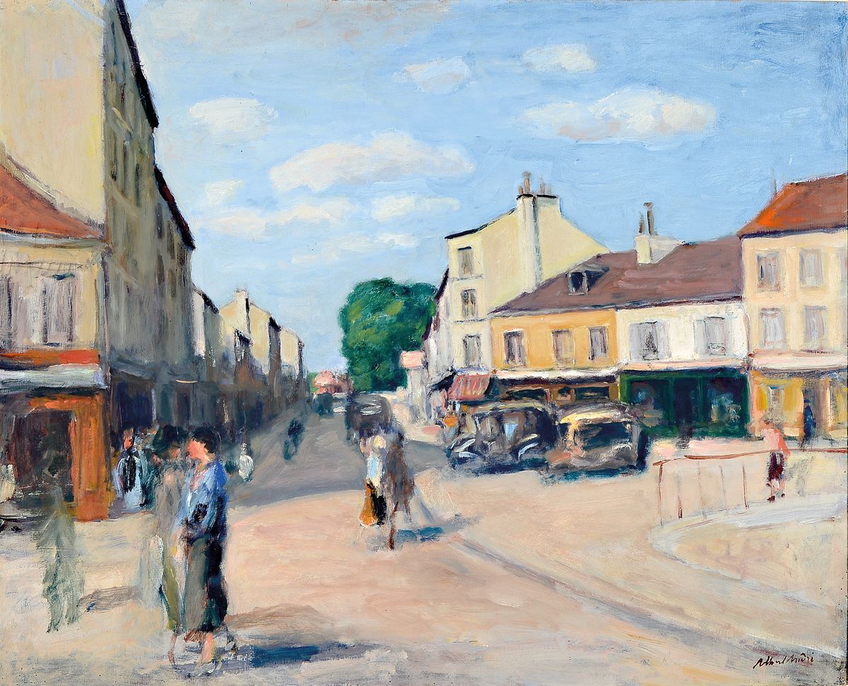 Albert Andre, 1869-1954, Straßenszene, "Village de Bievres", so verso auf altem Etikett bez., rechts unten signiert, Öl/Lwd, Leinwand ...