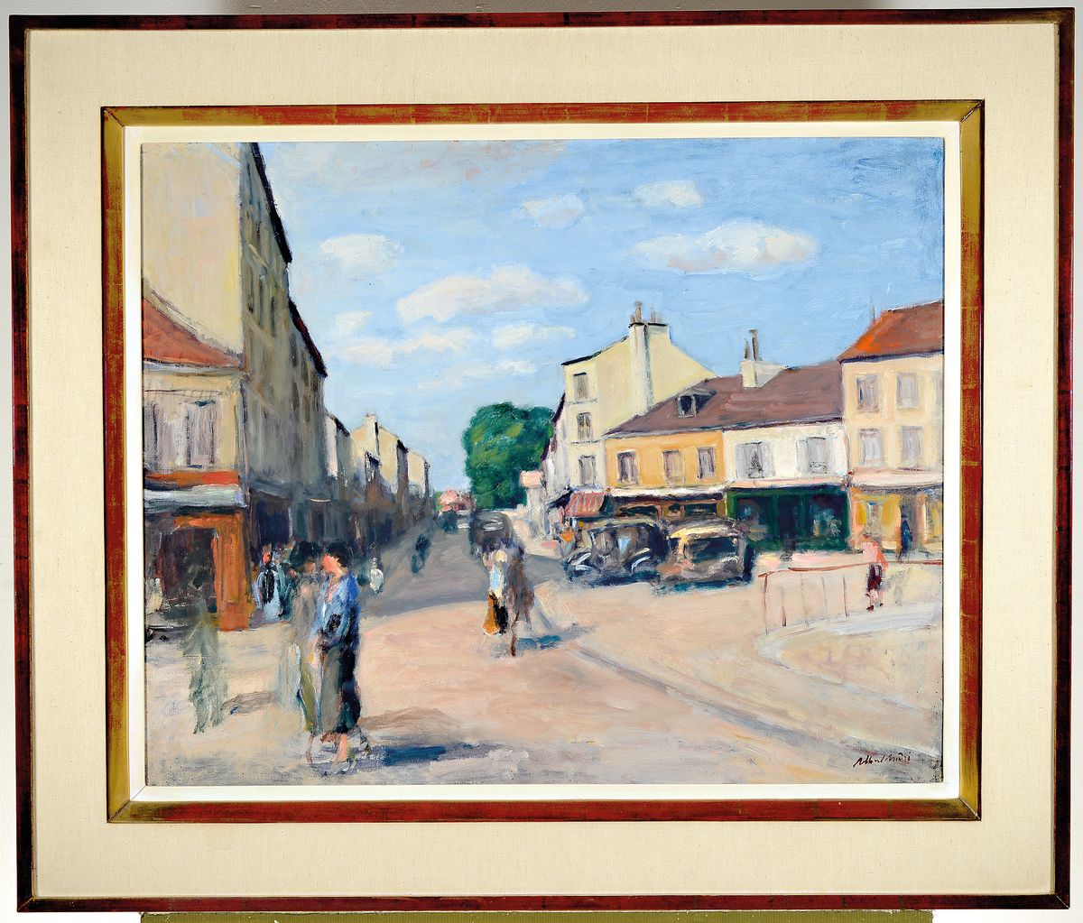 Detail k: Albert Andre, 1869-1954, Straßenszene, "Village de Bievres", so verso auf altem Etikett bez., rechts unten signiert, Öl/Lwd, Leinwand ...