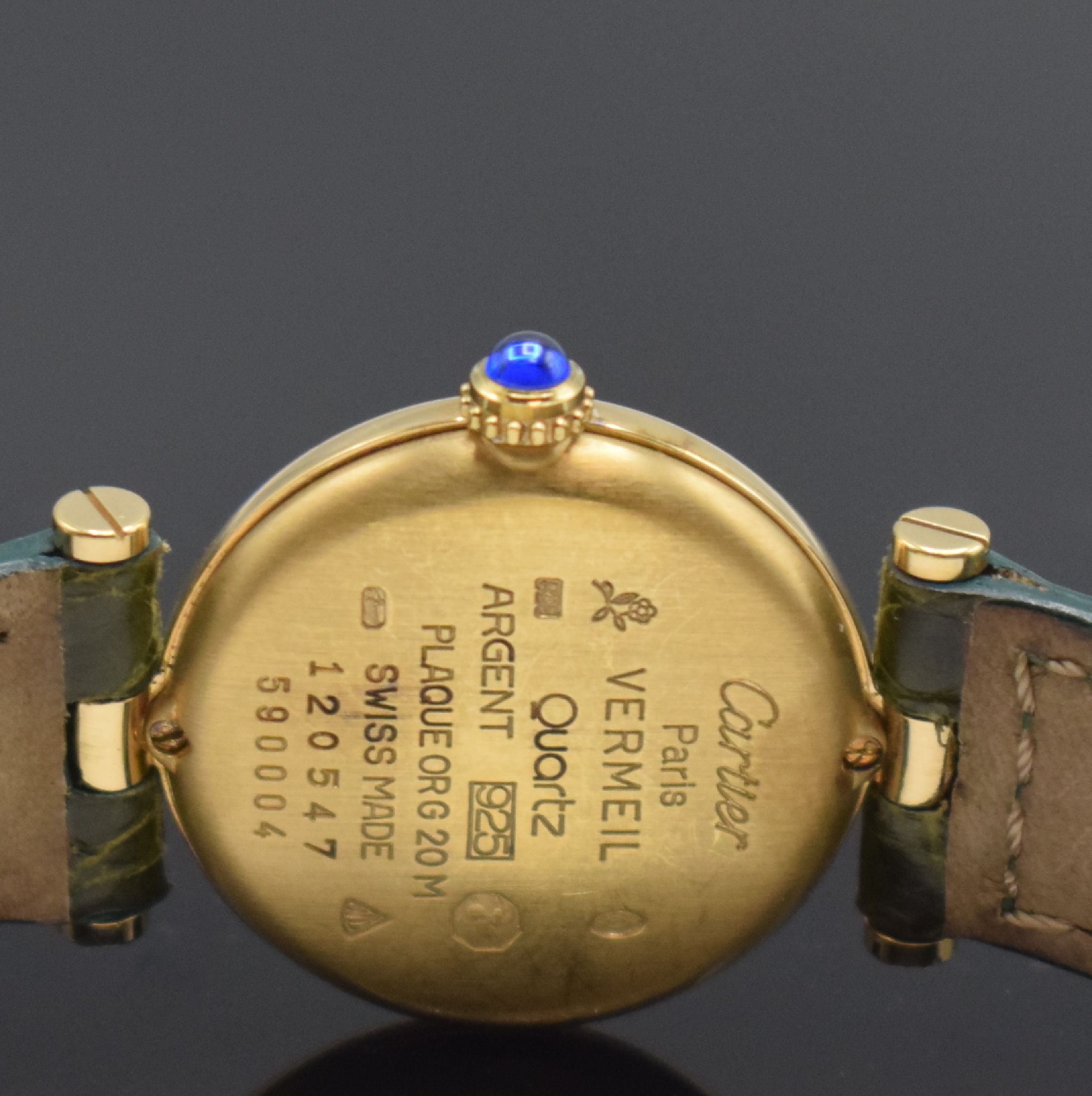 Detail d: CARTIER Vendome Damenarmbanduhr Referenz 590004, Schweiz um 1990, quarz, verg. Silbergeh., Boden verschr., orig. Lederband m. orig. Faltschl., silb. ...