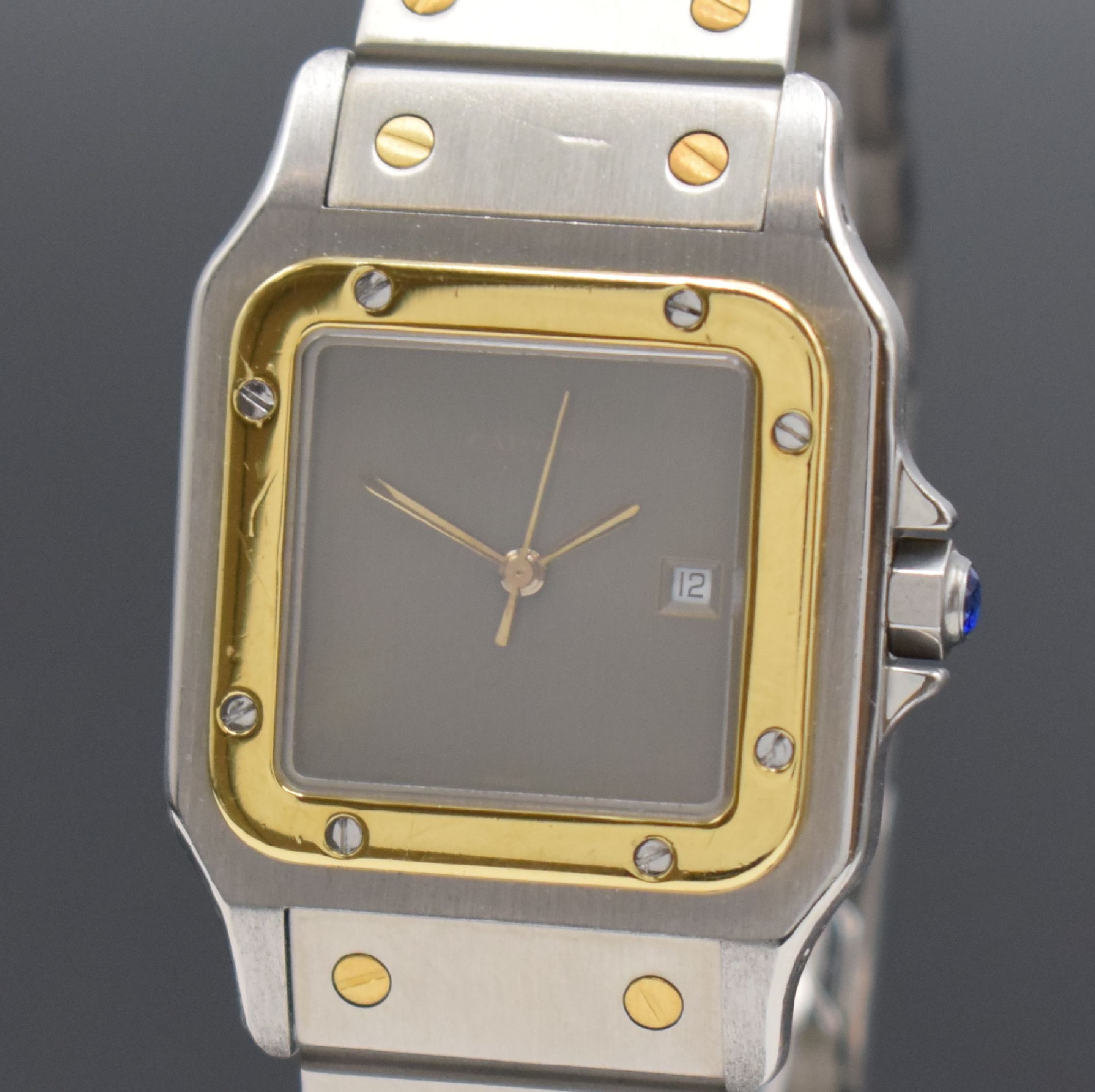 Detail a: CARTIER Santos Herrenarmbanduhr, Schweiz um 1985, Automatik, Edelstahl/Gold kombiniert inkl. Gliederband m. Faltschl., Monocoque- Geh., Lünette ...